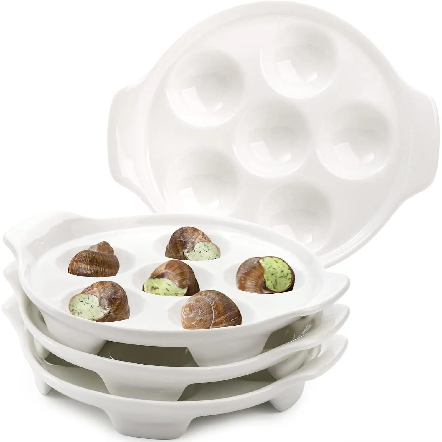 4 Pack Ceramic Escargot Plates with 6 Holes and Handles, 6.5 Inch Seafood Snail Dish Footed Plates White Escargot Baking Dish Barbecue for Home, Kitchen, Restaurant