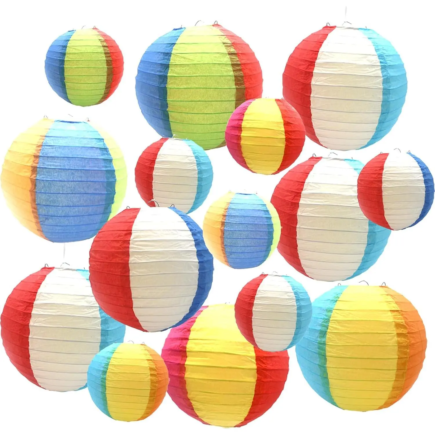 15 count Beach Ball Style Paper Lanterns,Round Paper Lantern to Decorate Pool Party, Summer Party, Birthday Party, Shower Party or School Classroom