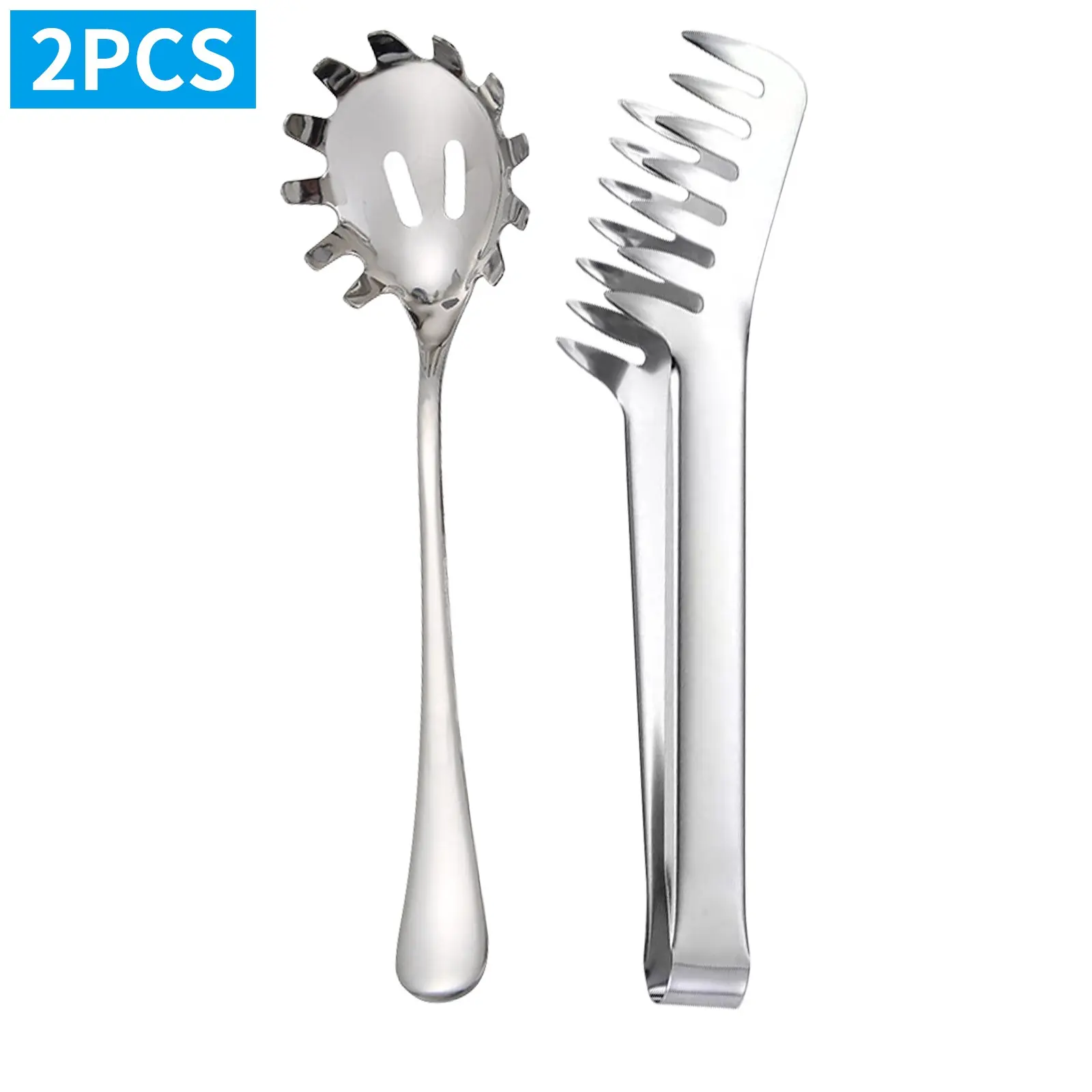 2pcs Spaghetti Spoon Server, Non-Stick 9.4 Inch Stainless Steel, Comfortable Grip, Pasta Spoon and Tong for Kitchen Use