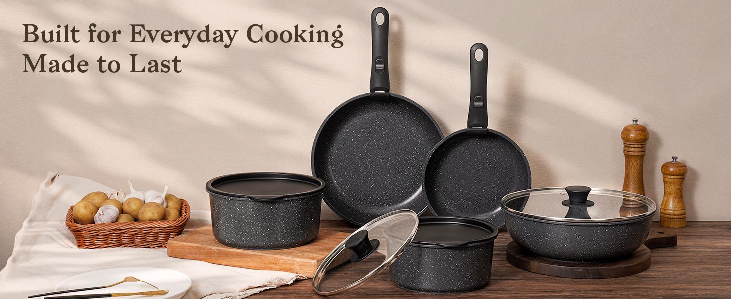 15Pcs Pots and Pans Set Non Stick, Cookware Sets with Detachable Handle, Nonstick RV Kitchen Cooking Tools Removable Handles, Oven Safe, Induction Fast, Stackable Induction Cookware,Black