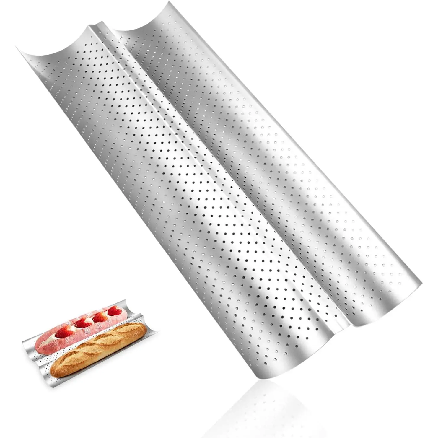Baguette Bread Pan, 2 Loaf Perforated Nonstick Carbon Steel  Bread Baking Pan, 14.96 x 2.44 x 0.86 in, Oven Safe 446°F, Baguette Tray for Sourdough and Hoagie Rolls