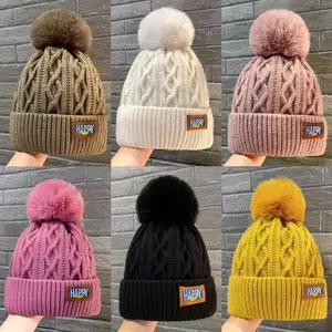 Trendy Winter Women's Pompom Knitted Hat Women Solid Color Thicken Plush Beanie Cap Female Autumn Warm Crochet Hats Fit Daily Wear