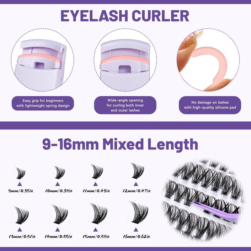 Mixed-Length False Eyelashes Eyelash Extensions Kit with Bond & Seal, Remover, Tweezers & Eyelash Curler, 1 Box Natural-Look, Self-Grafting Eyelash Clusters #TOP PICKS