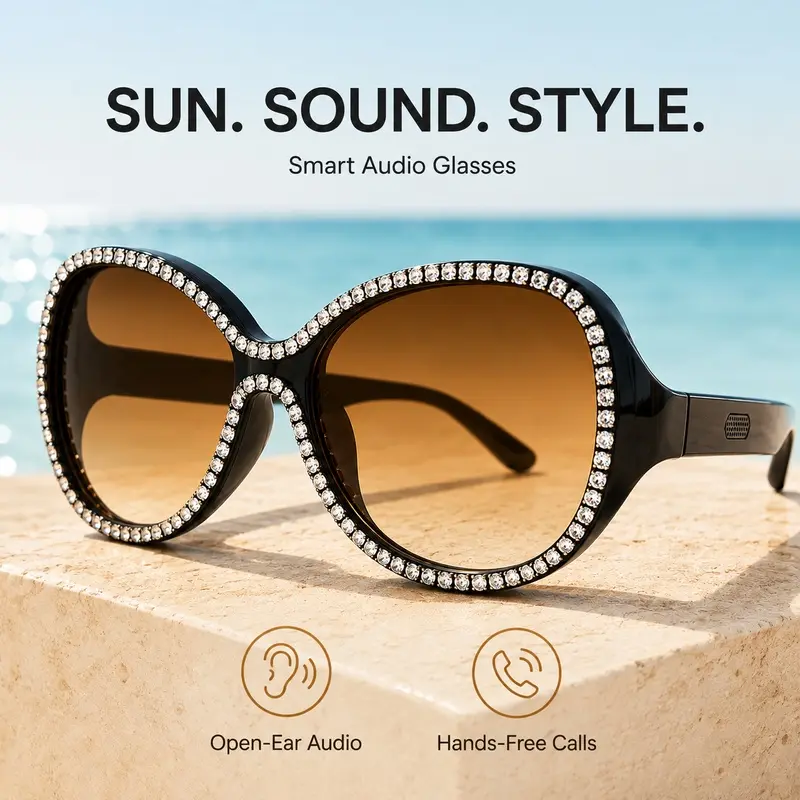 Bling Bluetooth Smart Audio Glasses for Women, Open Ear Directional Speaker, Clear Hands Free Calls, One Touch Music Control, Type C Fast Charging and Long Lasting Battery, Fashion Eyewear for Travel, Outdoor Use and Daily Leisure