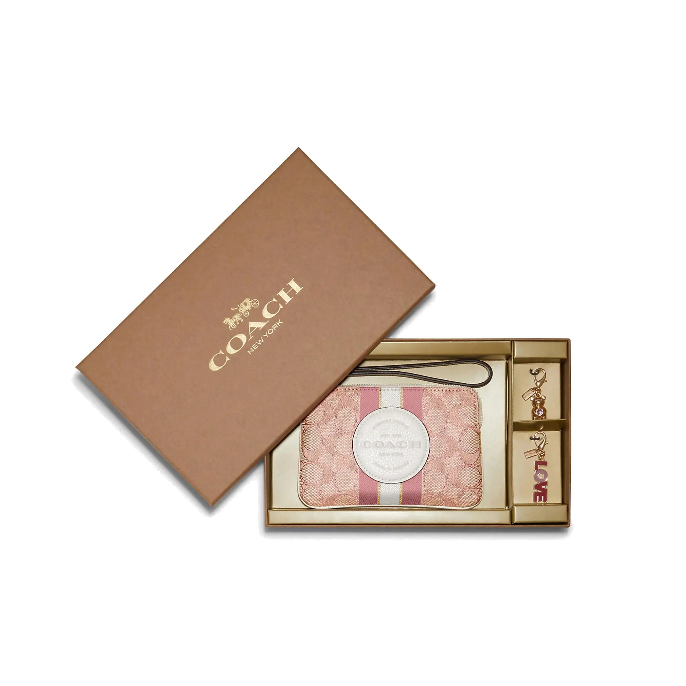 COACH Classic Monogram L-Zip Wristlet Handbag for Women, Fabric-and-Leather Combo, Sakura Pink