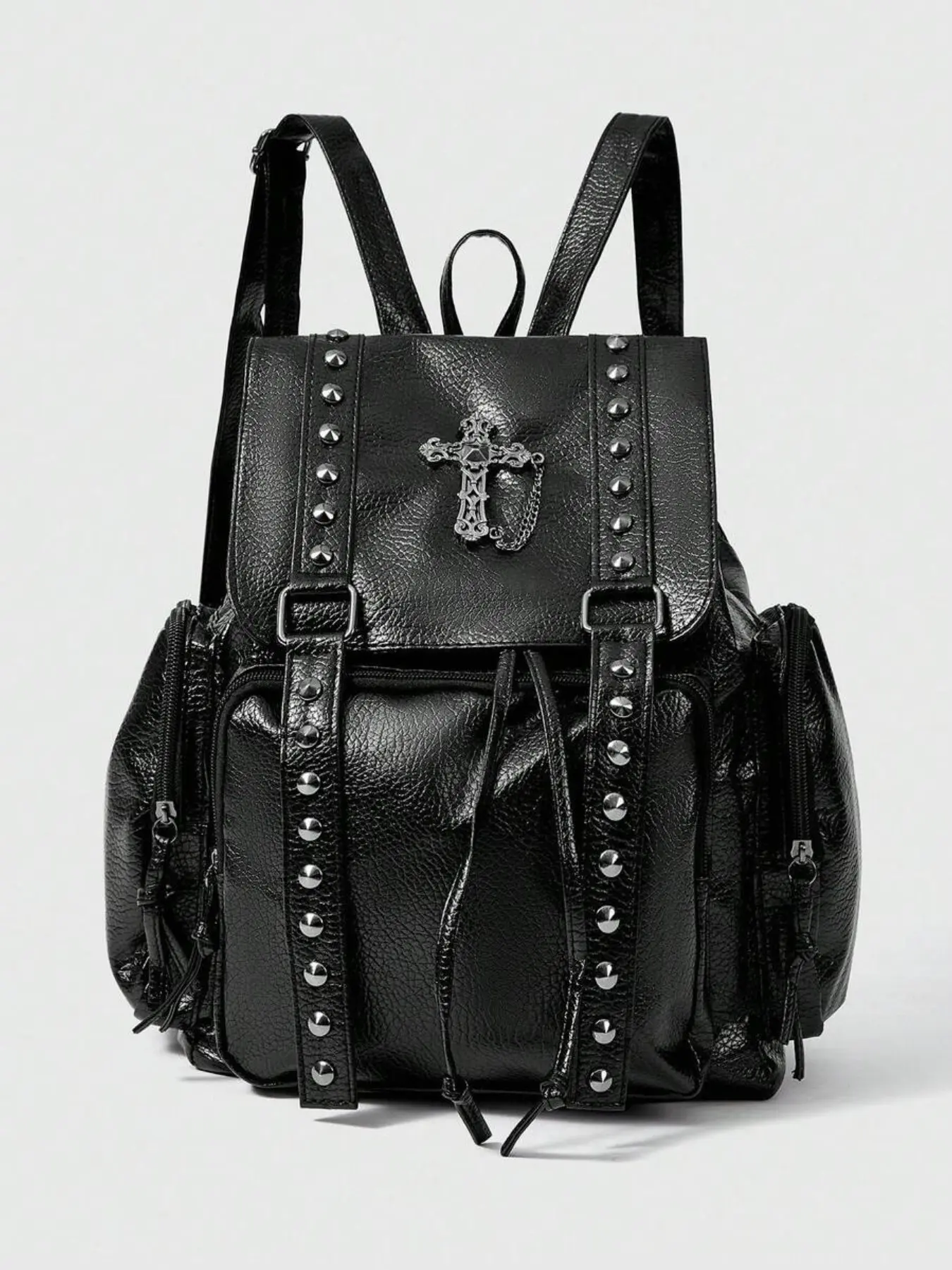 Black punk drawstring flip backpack, retro gothic style women's cross rivet backpack, multi pocket large capacity backpack, suitable for campus, daily travel, streetwear Y2K dark fashion matching, large capacity drawstring rivet casual backpack