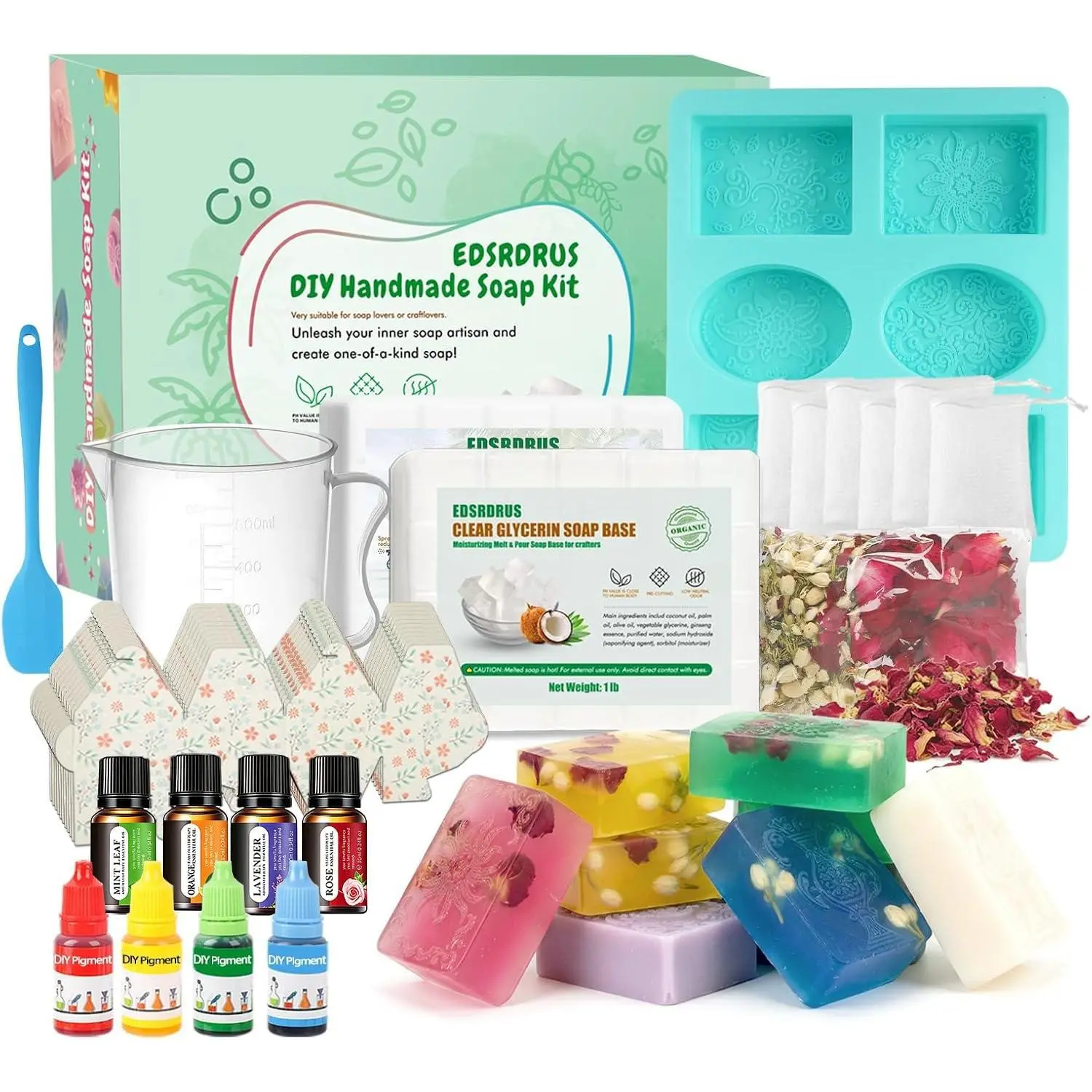 Basic Soap Making Kit for Adults - Soap Making Supplies with 2lbs Glycerin Soap Base, Silicone Molds, Dried Petals, Fragrance Oils, Pigments & More - Fun, Easy, Creative DIY Craft Kits