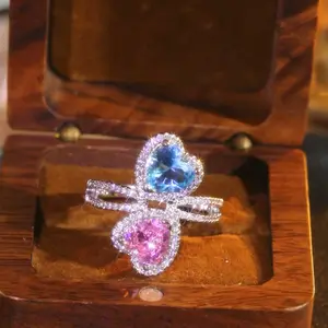 Dual Heart Promise Ring, Blue & Pink Heart Stone Halo Statement Band, Romantic Jewelry for Women, Ideal for Anniversary, Valentine’s Day & Bridal Occasions