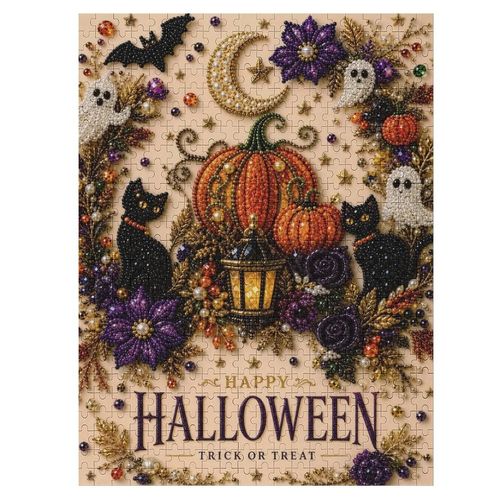 Happy Halloween Jigsaw Puzzle, Retro Black Cat Ghost Pumpkin Bat Art Puzzle for Adult Holiday Home Decor Gift