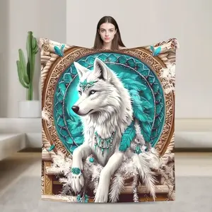1pc Majestic White Wolf & Turquoise Dreamcatcher Throw Blanket - Soft Lightweight Flannel Bedspread/ Couch Cover/ Camping mat - All-Season Indoor/Outdoor Decorative Blanket - Machine Washable Polyester Gift for Wolf Lovers, Home Decor Accessory,