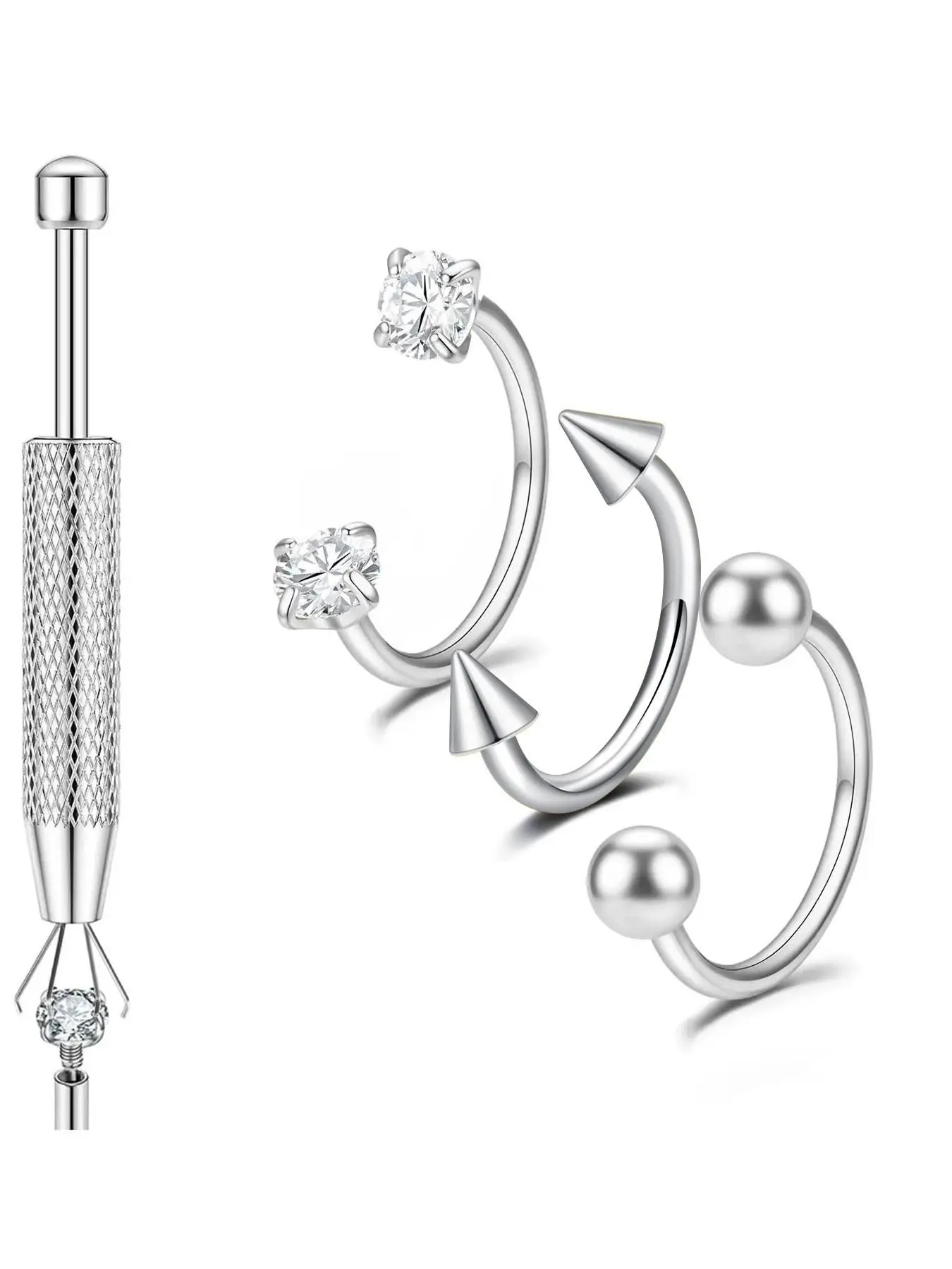 Stainless Steel Septum Stack Nose Piercing Kit, Prong Set CZ Horseshoe Rings & Spike Ball C-Shaped Nose Hoops, Hypoallergenic Nostril Body Jewelry Set with Piercing Insertion Taper & Clamp Tool Body Piercings Set