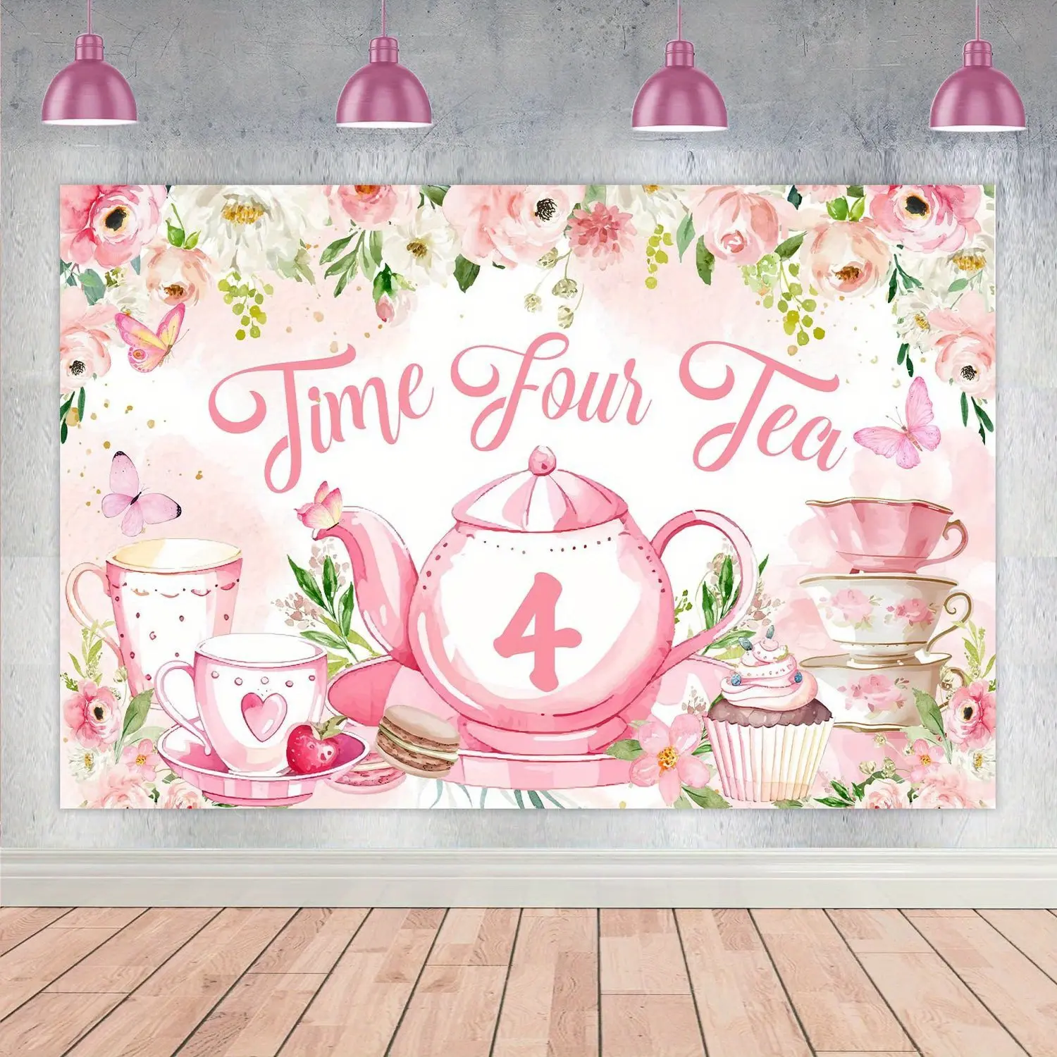 1Set Tea Party 4th Birthday Decorations Time Four Tea Birthday Decorations Backdrop Banner for 4 Years Old Girls Floral Tea Party Decorations Photography Background 3 x 5 ft