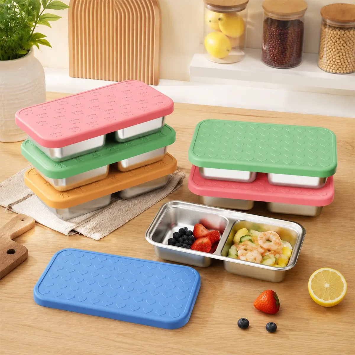 4pcs Stainless Steel Lunch Box Set, Leakproof Lids, Dual Compartment Bento Containers, Reusable Food Storage Boxes for Meal Prep, School & Office