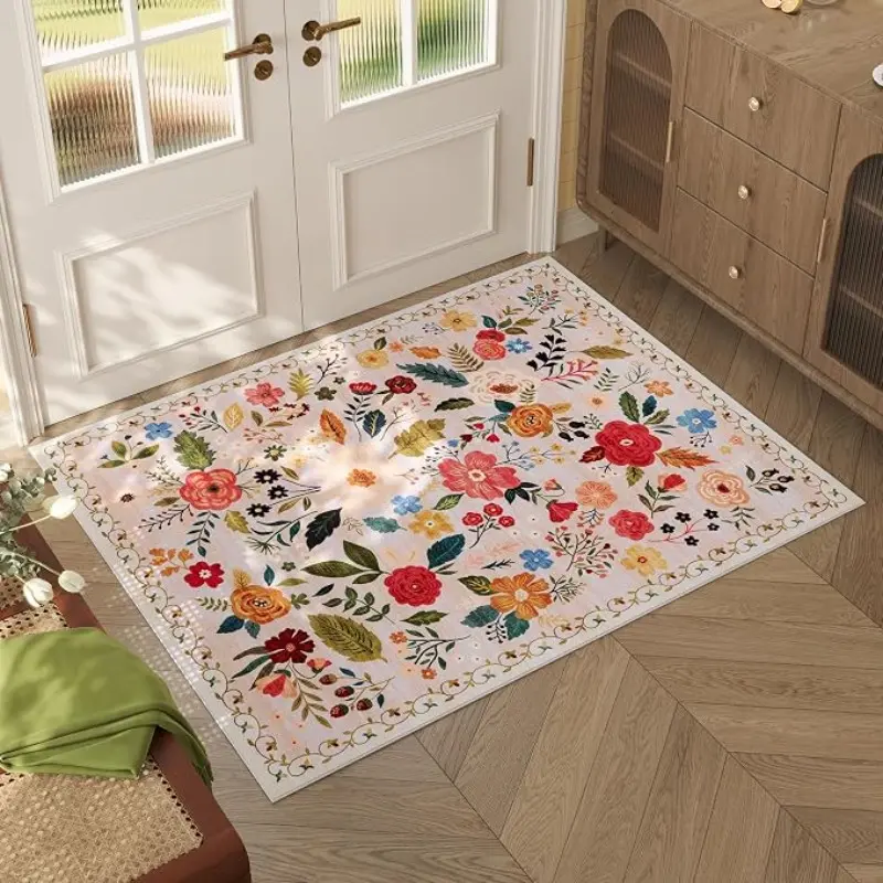 Rugcomf Door Mat Indoor Entrance 2x3 Rug, Boho Floral, Non-Slip Low Pile, for Entryway, Kitchen, Kids Room