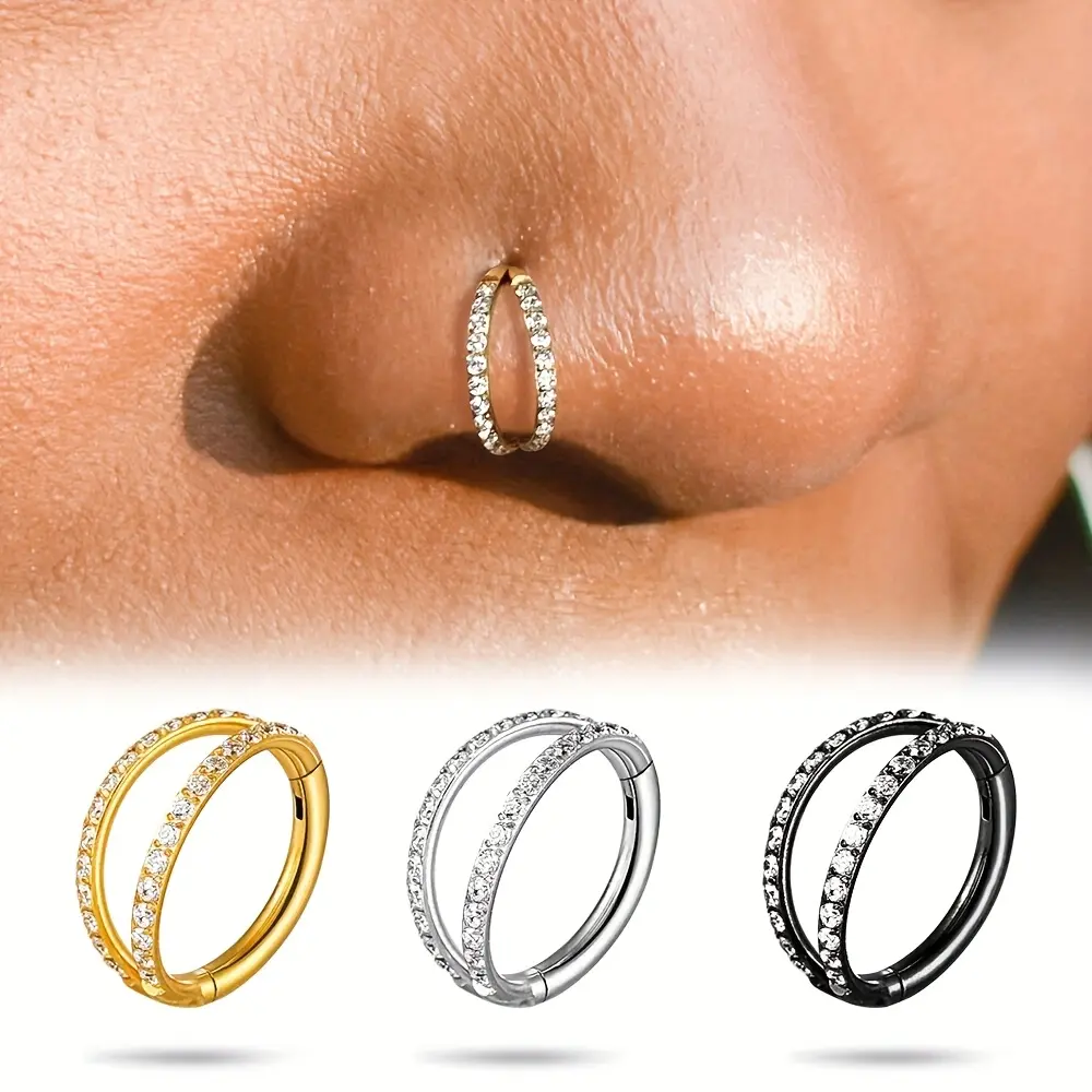 1/3 piece 316 stainless steel double-layer three-dimensional moon-shaped gemstone hinge seamless ring-shaped septum nose ring nose stud - punk style - suitable for daily wear