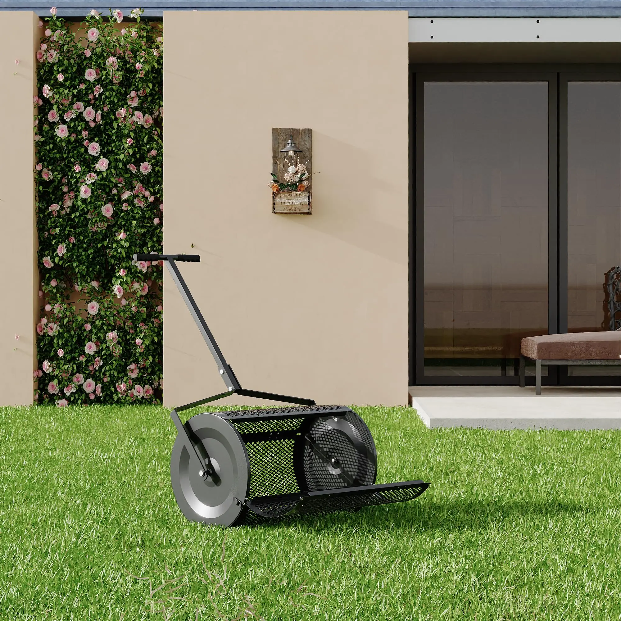 Heavy Duty 24 Inch Compost and Lawn Fertilizer Spreader, Heavy Duty Lawn Fertilizer Spreader with Adjustable Handle, Easy-Open Metal Mesh Drum for Peat Moss Topsoil Manure Mulch, Rust-Proof Garden Tool ﻿