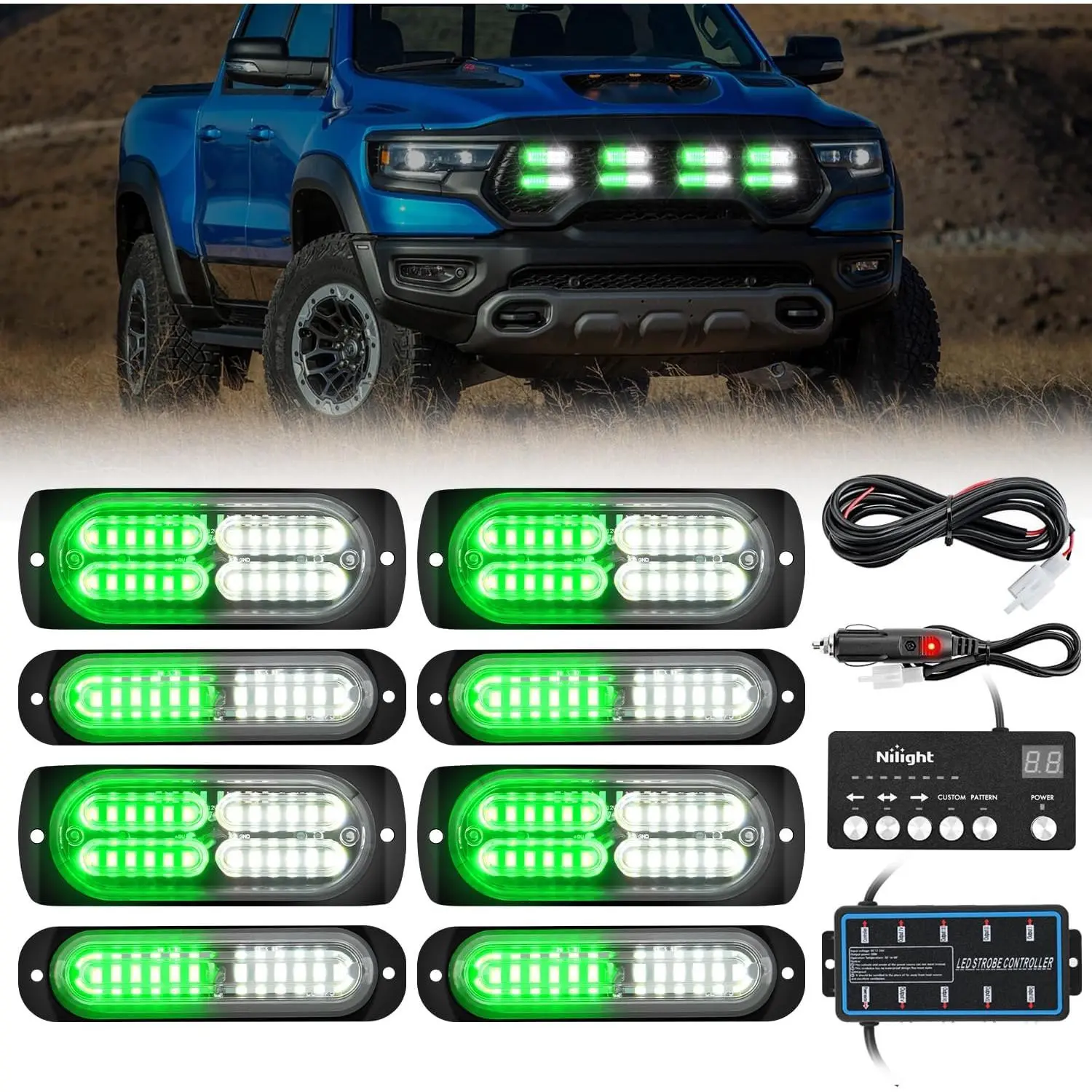 Nilight 8 LED Strobe Lights Kit - 12V-24V Power Aluminum Surface Mount Set with Main Control Box, Remote Control, Synchronized Green White Strobe Patterns, Emergency Bars, High Visibility for Tractors