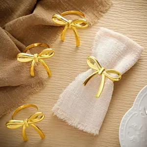 Wedding Table Decor Set, Valentine's Day Bow Napkin Rings, Silver Color Rose Gold Finish, Metal Napkin Holders for Parties