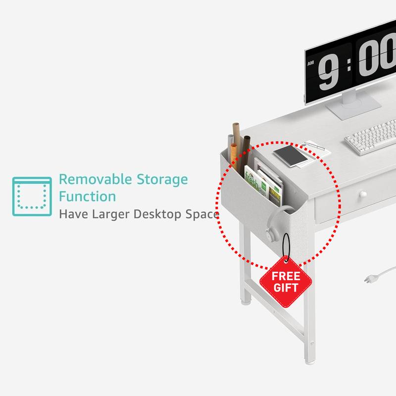 White L Shaped Desk with Drawers & Storage Shelves, 40 Inch Small Corner Desk with Power Outlet for Small Space Home Office, Study Work PC Desks for Bedroom, Get Free Gift