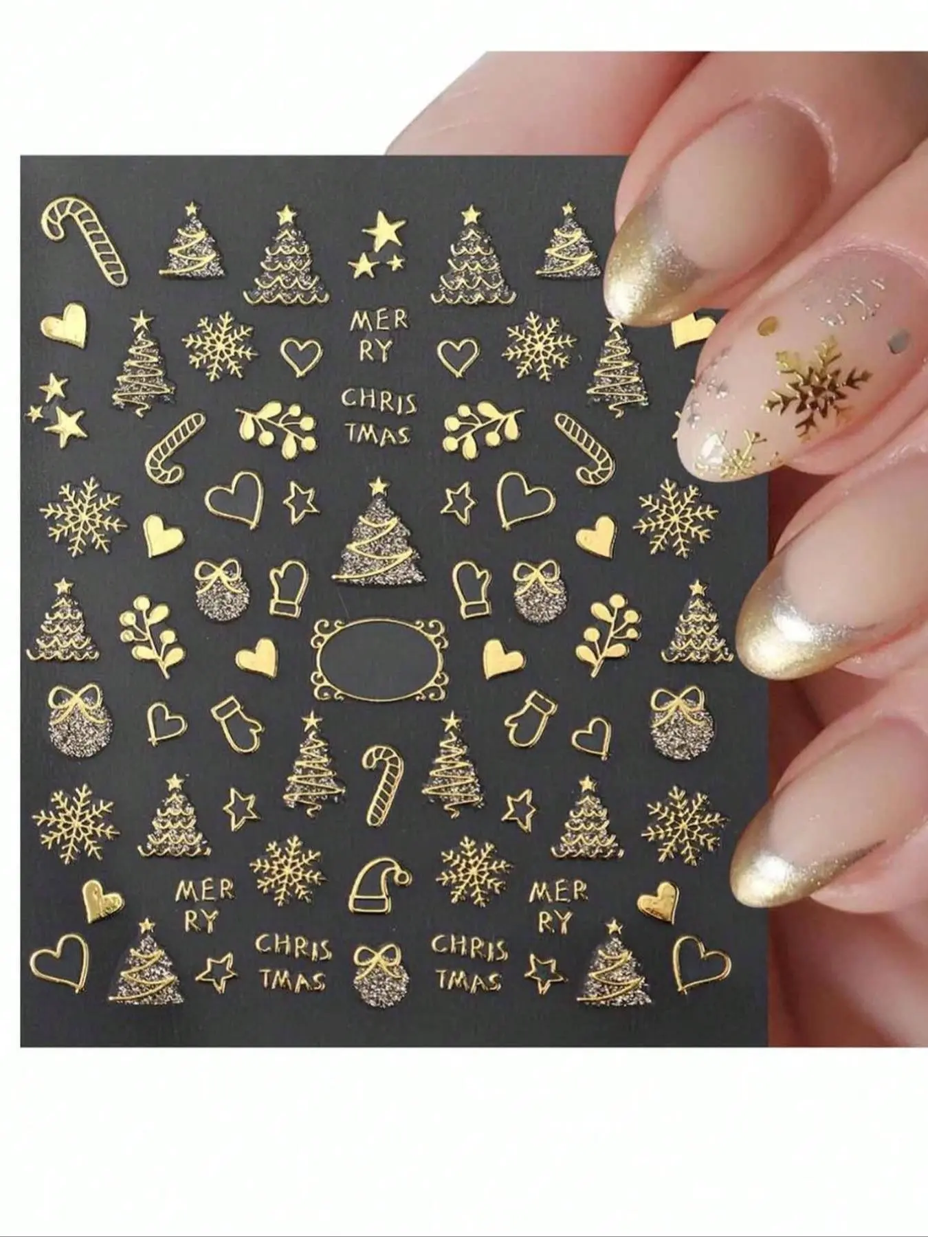 2pcs Holiday Nail Art Stickers, Christmas Theme Decals with Trees, Reindeer & Glitter Balls, DIY Nail Decorations for Daily & Party Wear