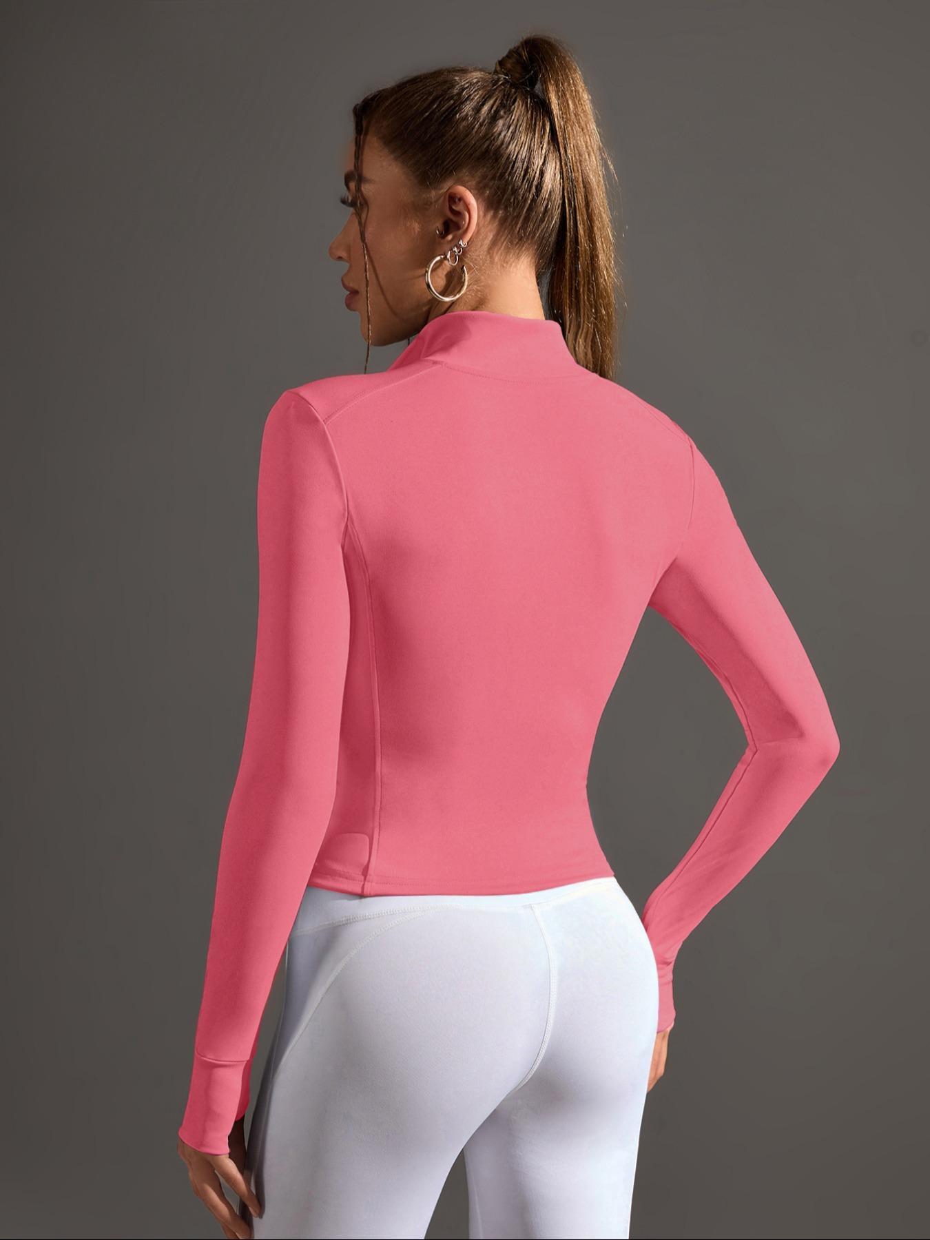 Women's Fashion Sport Jacket, Sporty Sports Outerwear, Workout Jackets, Stand Collar Design, Finger Gloves Included, Zippered Waist Hidden Curve, Yoga Running Fitness Casual Top