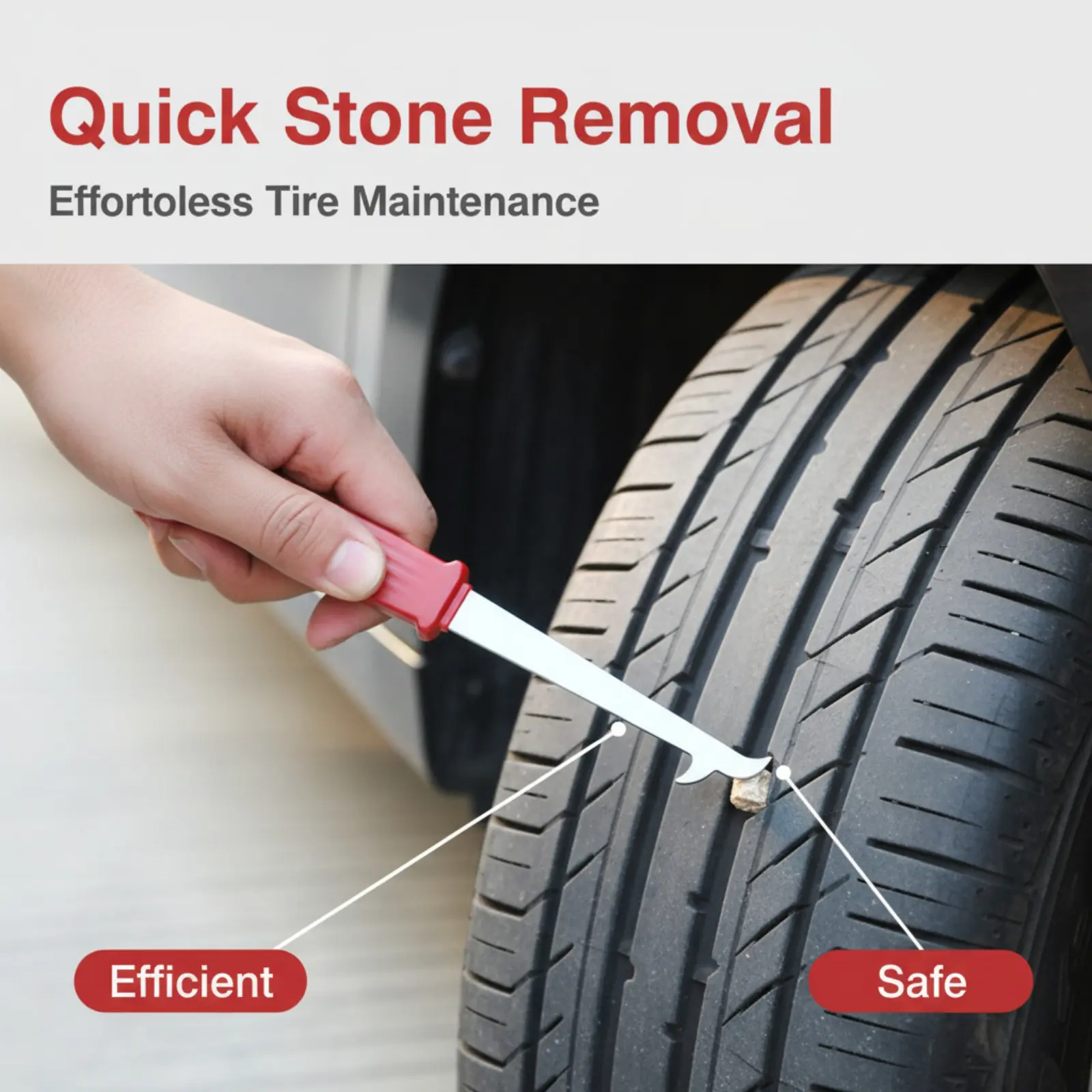1pc Portable Tire Groove Stone Removal Hook with Window Breaker Function. A multi-functional car tire cleaning tool for removing stones stuck in tires. Suitable for cars, SUVs, and trucks. A car tire maintenance accessory.