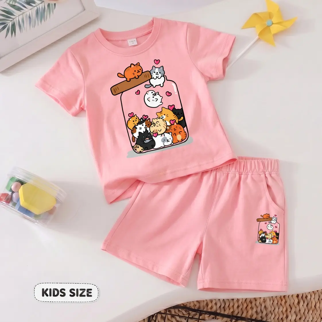 Girls' 2-Piece Outfits, Cute Cat Print T-Shirt and Shorts Set, Casual Breathable Summer Clothes with Elastic Waist for Kids, Comfortable