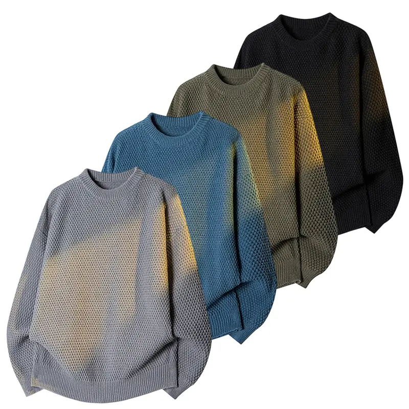 Men Crew Neck Honeycomb Knit Textured Pullover Sweater, Solid Color Long Sleeve Knitwear, Ribbed Trim On Collar, Cuffs & Hem, Multi‑Color Option Versatile Casual Layering Top For Fall Winter # sohochic