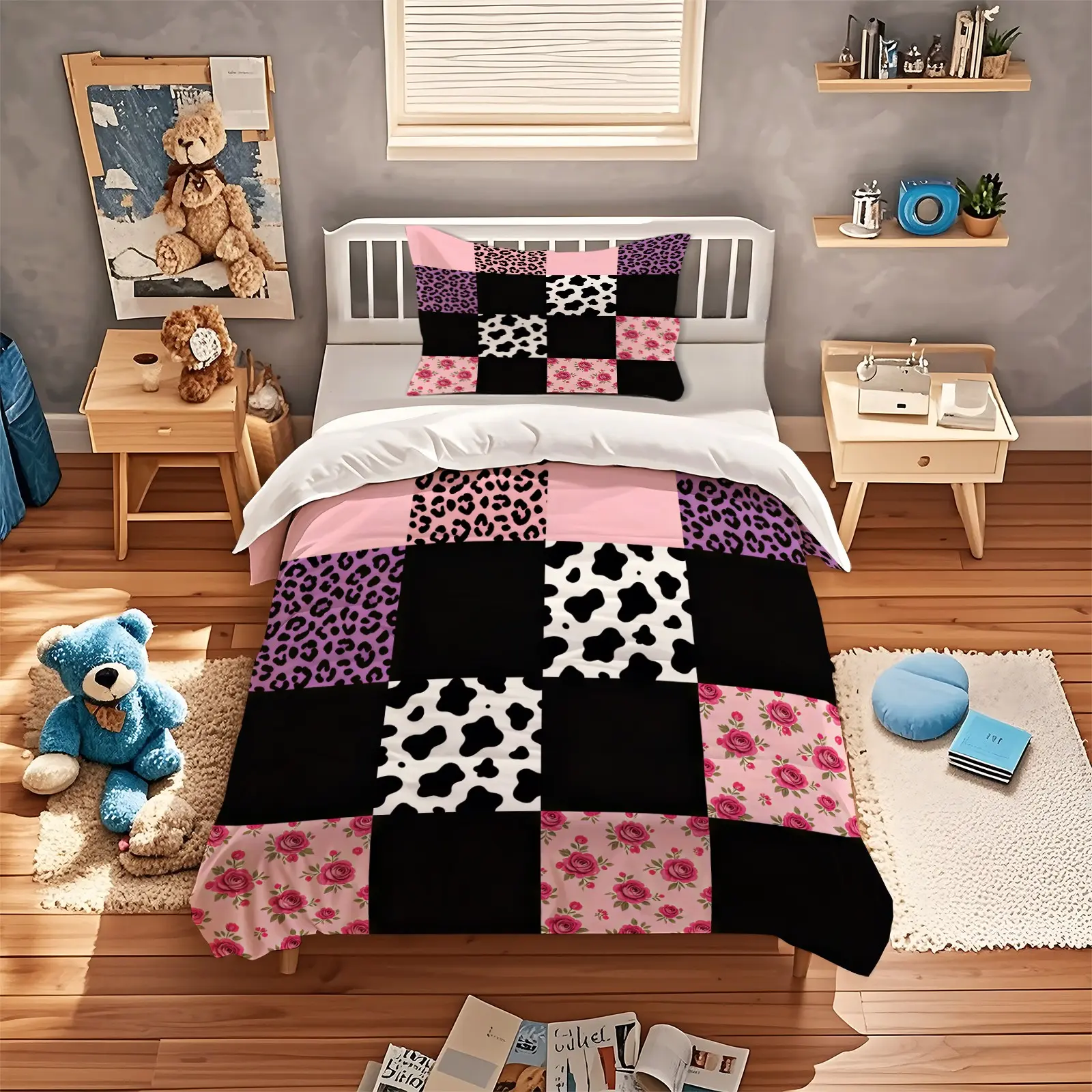 2/3Pcs Unique Patchwork Art Duvet Cover Set, Animal Print Plant Floral Mix, Zipper Closure, Perfect Housewarming Gift for Friends Who Love Bold and Trendy Aesthetics (No Filler Or Pillowcases)