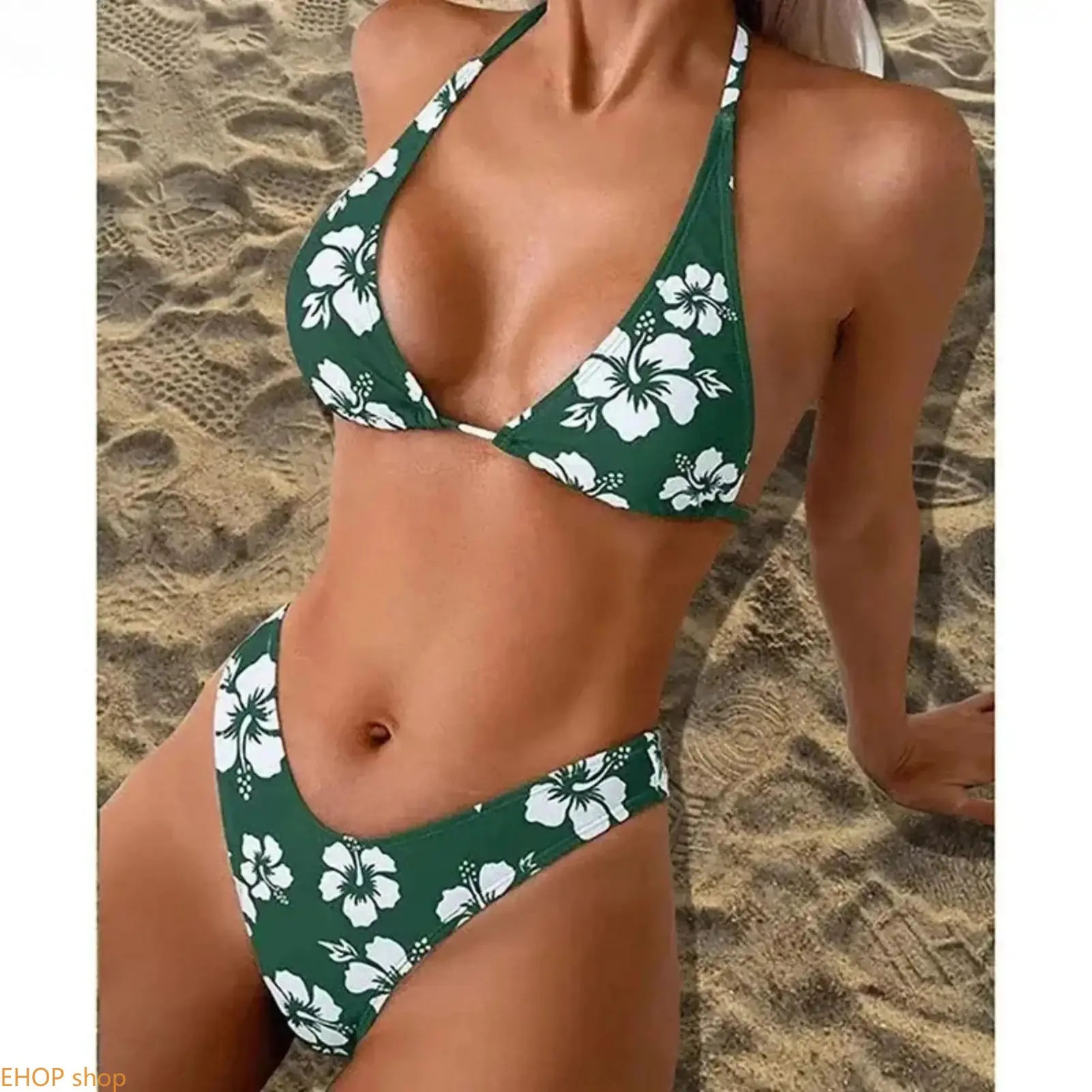 Women's Floral Bikini Set, Tropical Print Two Piece Swimsuit with Halter Triangle Top & High Cut Bottom, Trendy Summer Beach Bathing Suit for Vacation, Pool, Resort & Sunbathing