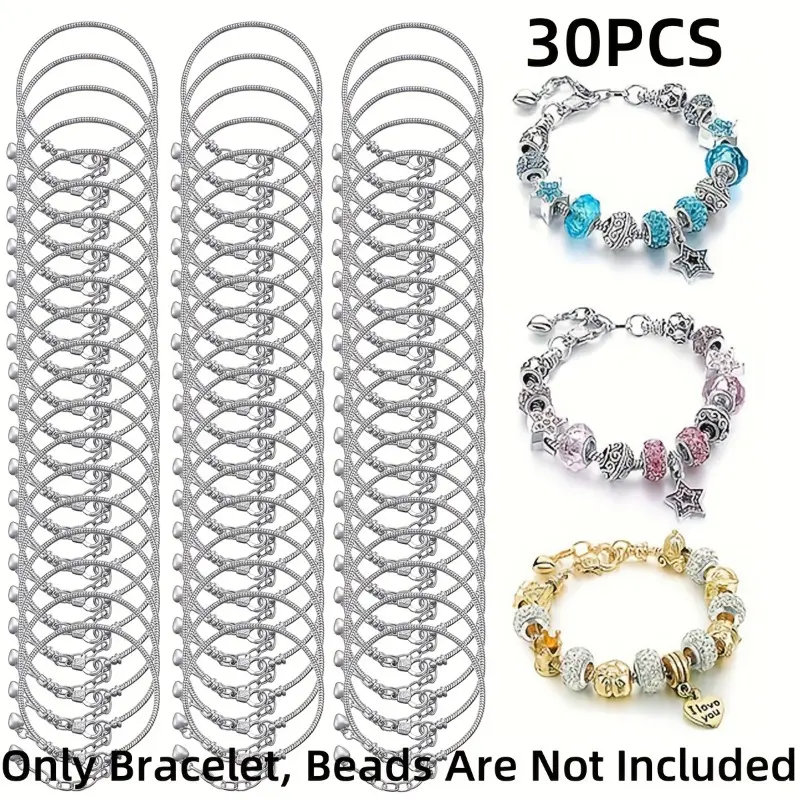 30pcs Adjustable Silvery Snake Chain Bracelet Set for Women - Perfect for DIY Beads Hand Accessories Holiday Gift