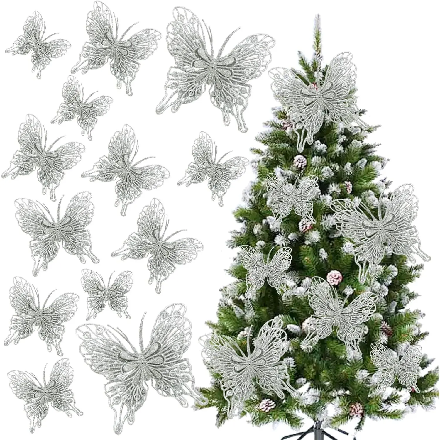Glitter Butterfly Decorations Christmas Tree Butterfly Ornaments Artificial Butterflies with Clip & Stem for Xmas Party Wreath Garland Decor - 12-Pack 5inch  Hollow Butterflies