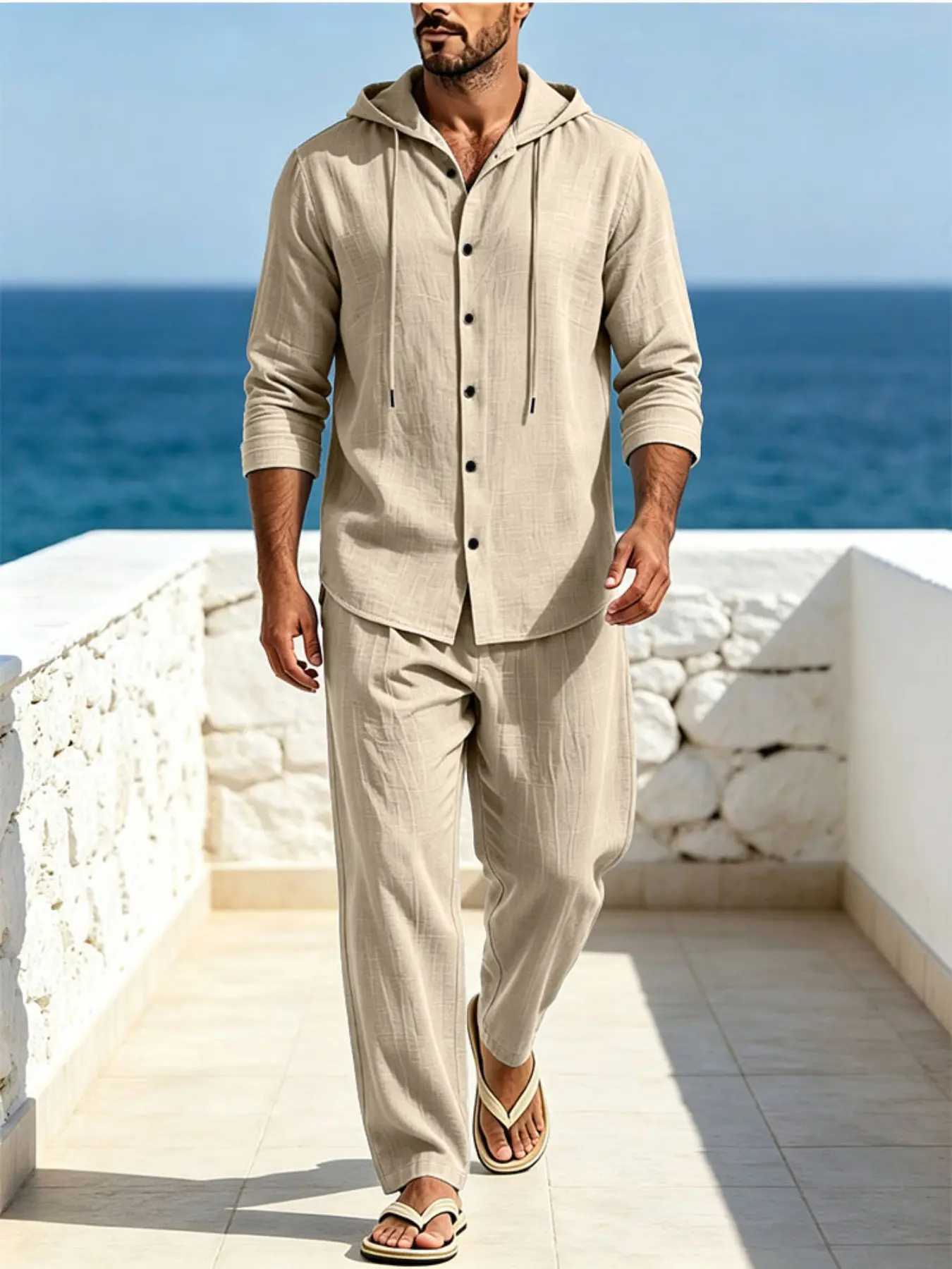 Vacation Style Lightweight Linen Casual Set, Plain Hooded Long Sleeve Blouse with Straight Pants, Spring Fall Men's Breathable