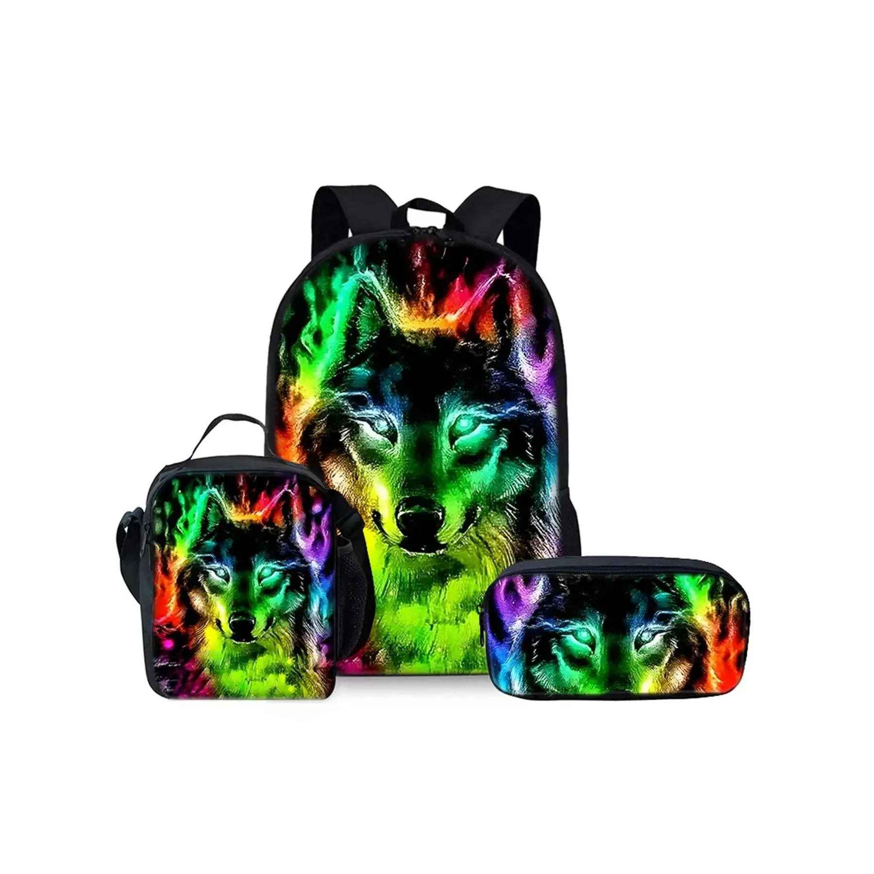 17-in Animal Printed Sports & Outdoor Gym Accessory Set - Single-Layer Wolf Print Backpack, Adjustable Shoulder Strap Lunch Bag, Pencil Bag for Travel, All Seasons Polyester Casual Wear Pack