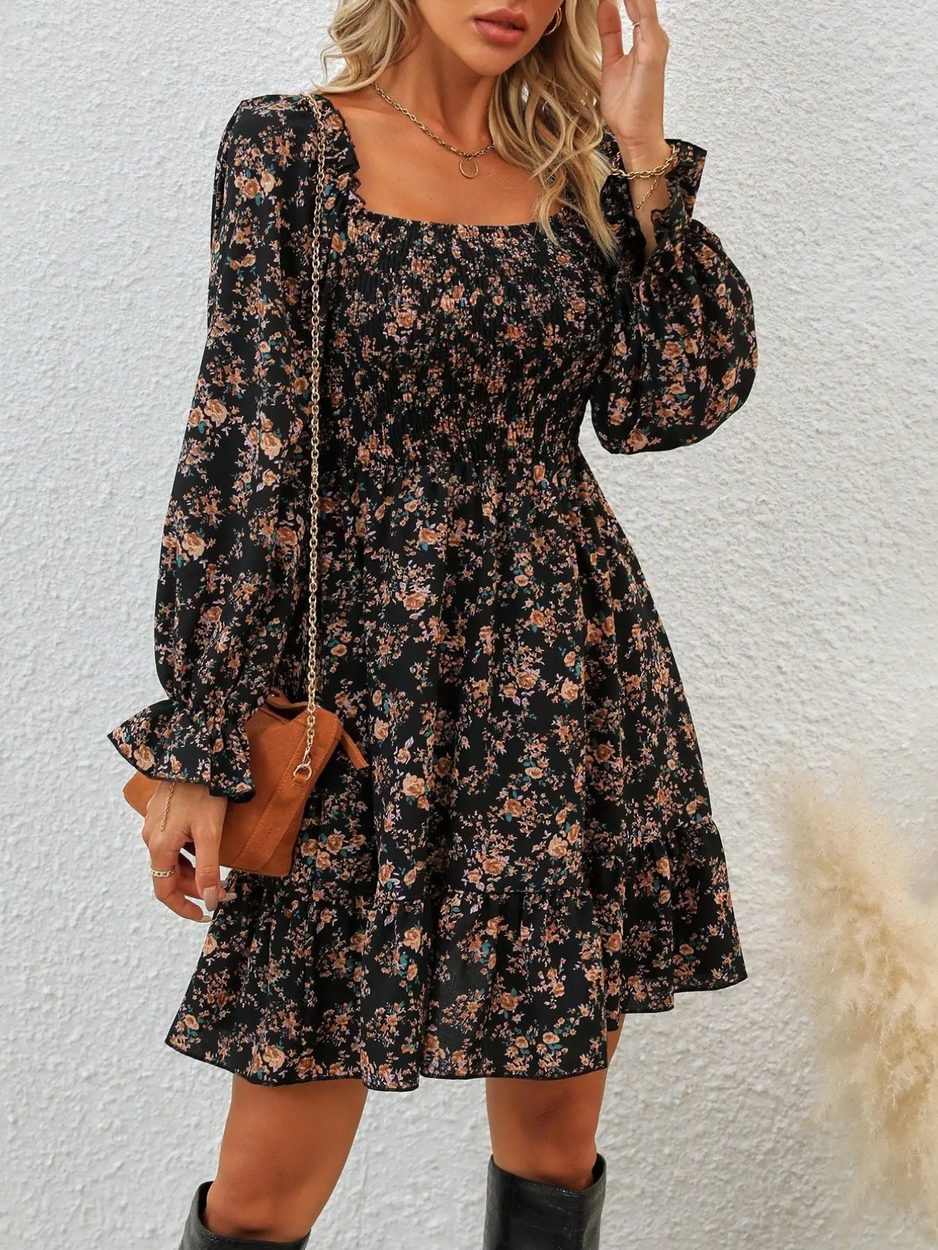 Floral Print Square Neck Dress, Gathered Waist Elastic Waist, Ruffle Long Sleeve A-Line Skirt, Shoulder Reveal Bohemian Casual Vacation Style Floral Dress, Casual Wear