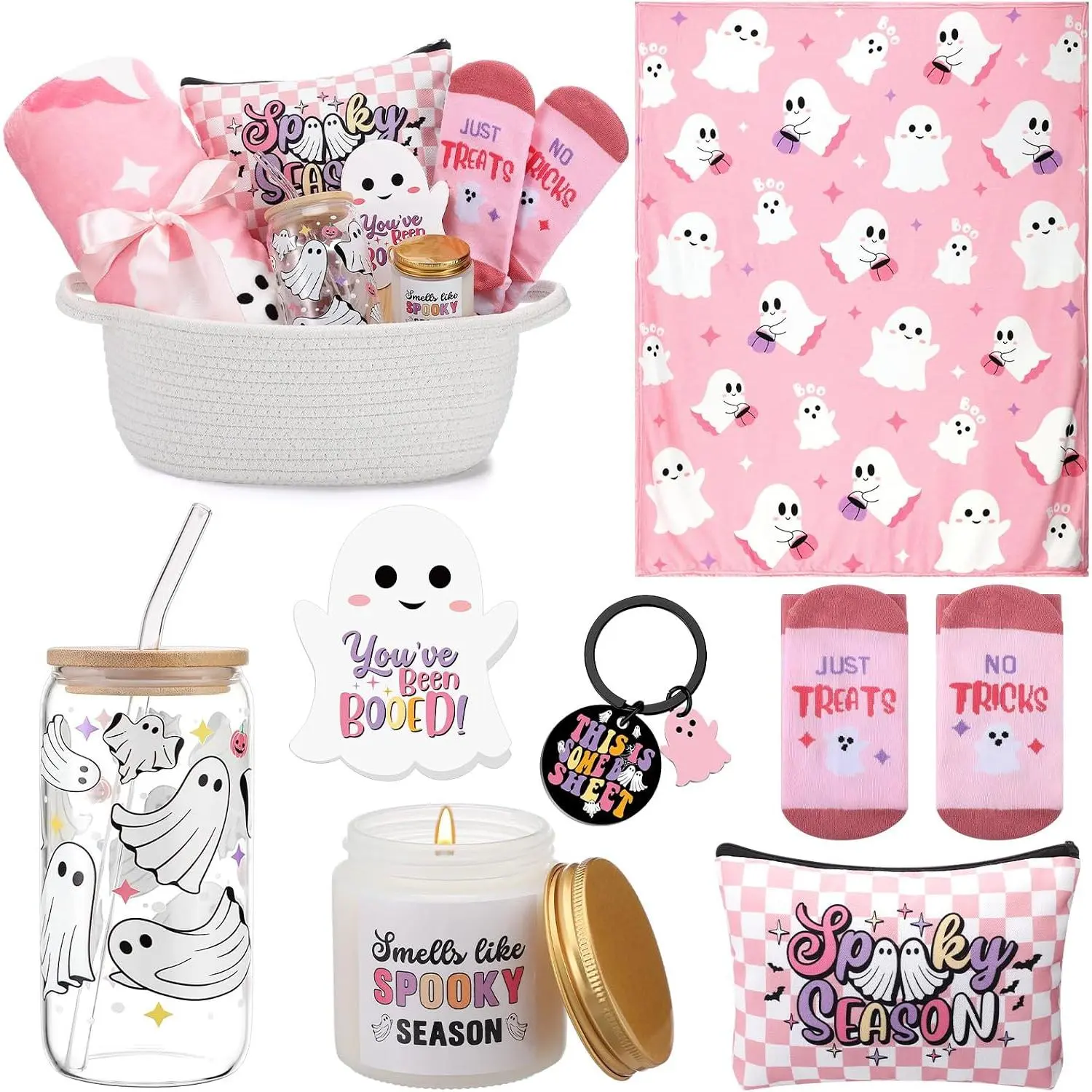 8 count Boo Basket for Women Halloween Boo  Stuffers Include 50x60 Inch  Flannel Blanket Glass Tumbler Candle Makeup Bag  Novelty Socks Woven Basket  for Halloween()