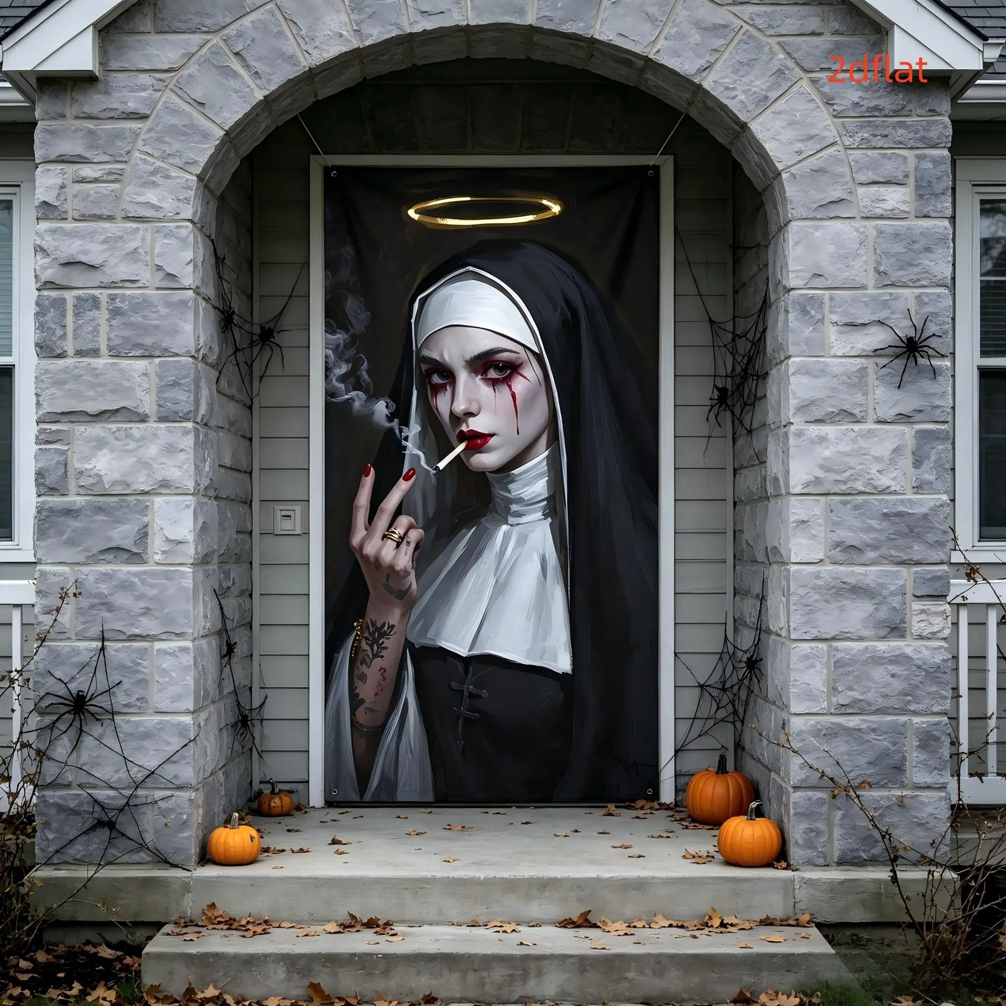 Halloween Decoration, Blood Tears Rebel Nun Vertical Door Banner, Dark Oil Painting Background Cloth, Indoor Outdoor Wall Decor