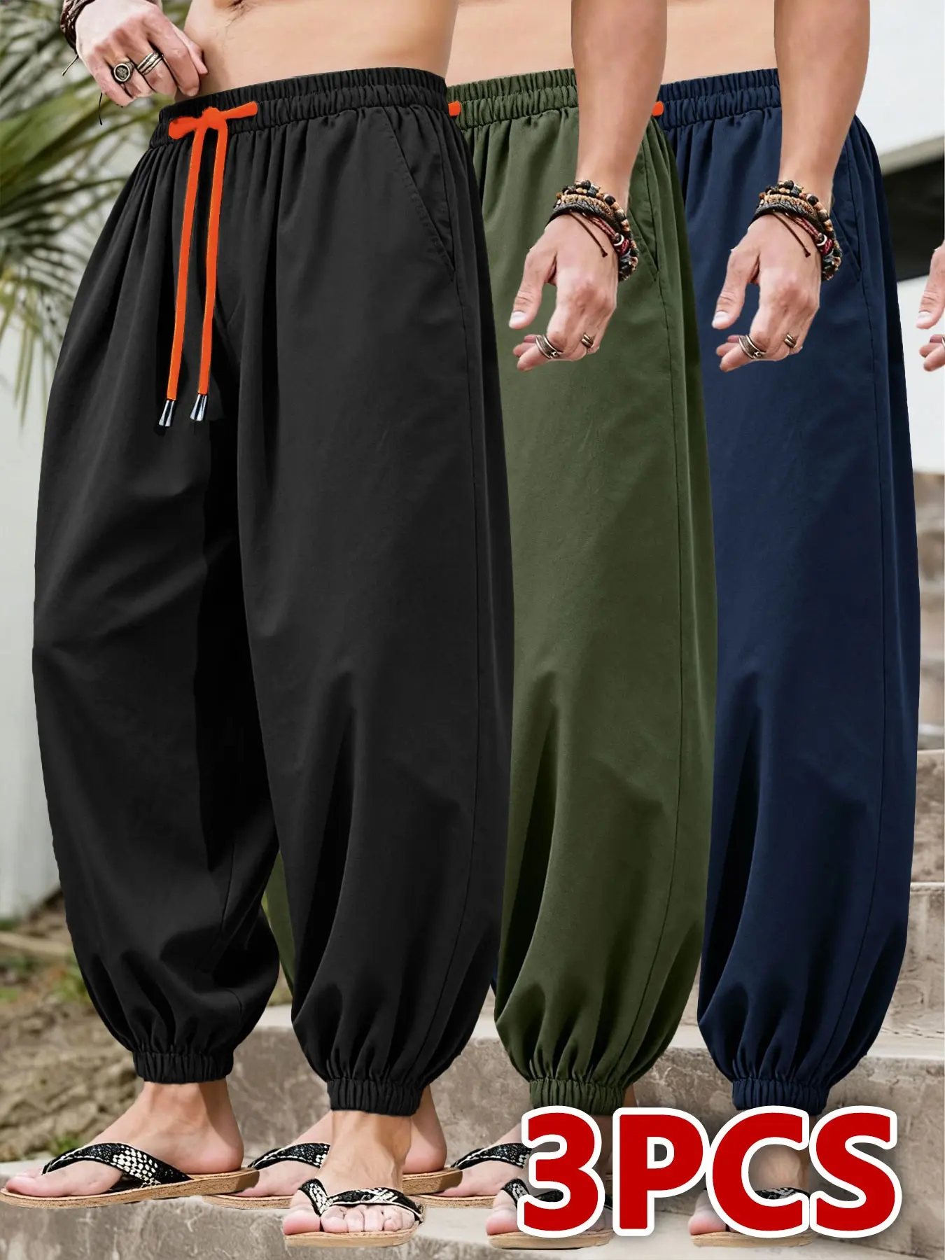 3-Pack Men's Loose Baggy Lantern Pants, Fall Streetwear Lightweight Pleated Contrast Drawstring Waist, Casual Beach Vacation Home Outdoors Harem Pants