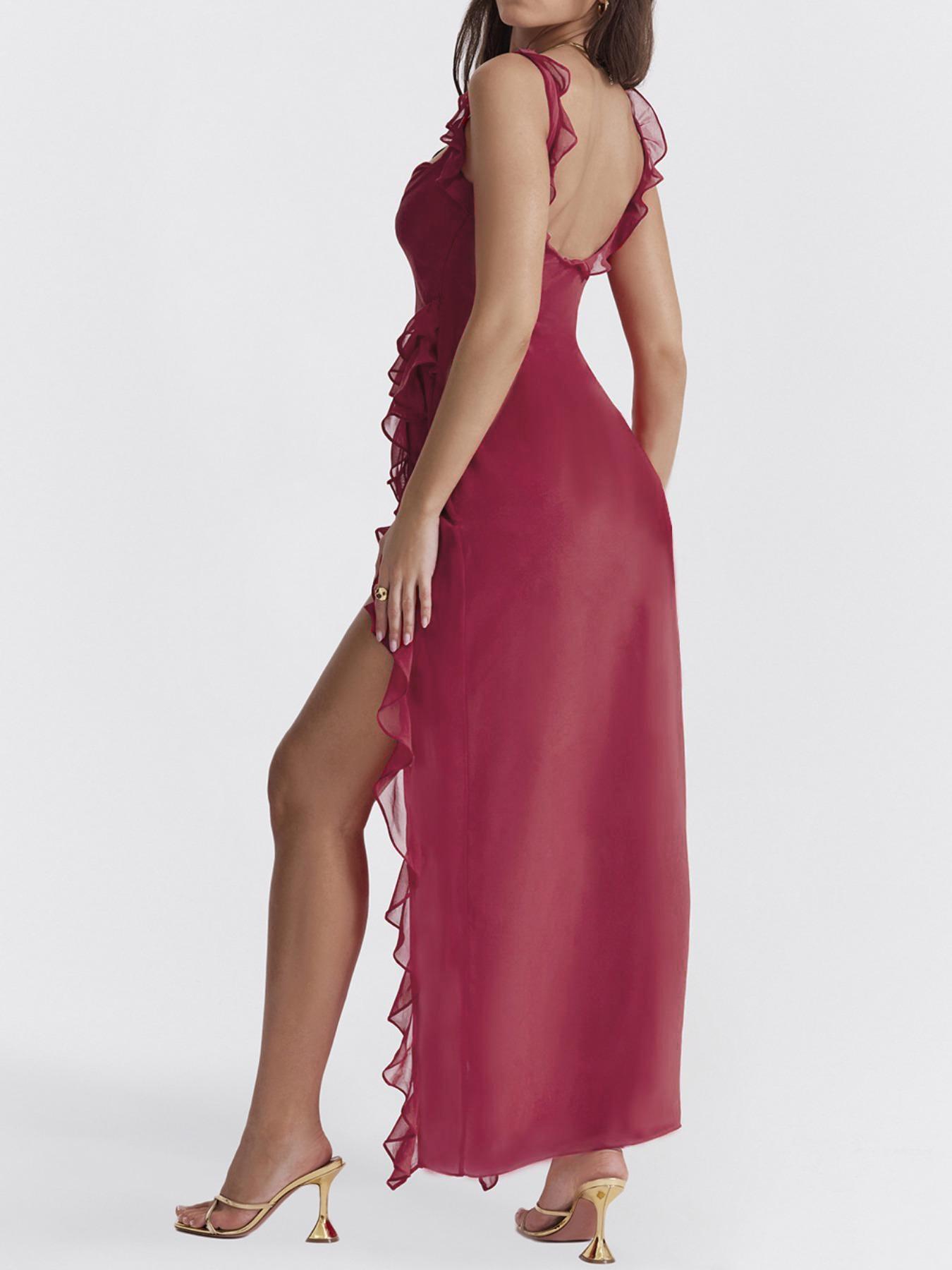 Women's Plain Ruffle Hem Split Thigh Dress, Elegant Slim Sleeveless Long Dress for Party Club Dating Wear, Ladies Summer Clothes