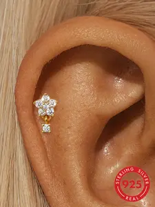 1Pc 925 Sterling Silver Classic Lotus Cubic Zirconia Stud Earrings Flat Back Cartilage Helix Piercing Cartilage Helix Tragus Lobe Piercing Suitable For Women For Daily, Dates, Vacation, Wedding, Party, Holiday Gift