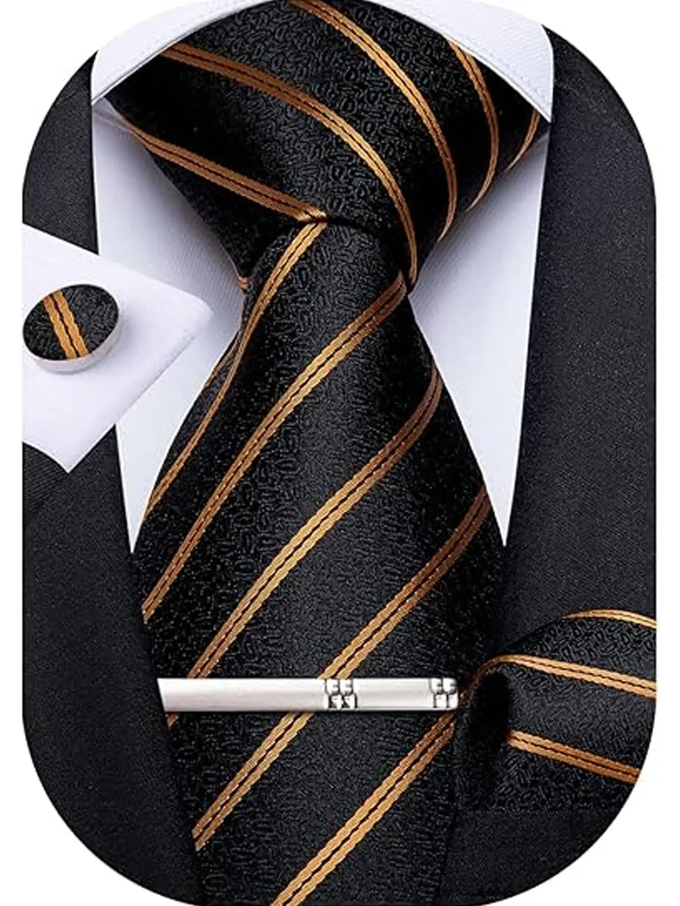 Striped Tie Set, Men's Polyester Tie, Pocket Square, Cufflinks, Tie Clip, Elegant Business Wedding Accessory, Casual Elegant Tie