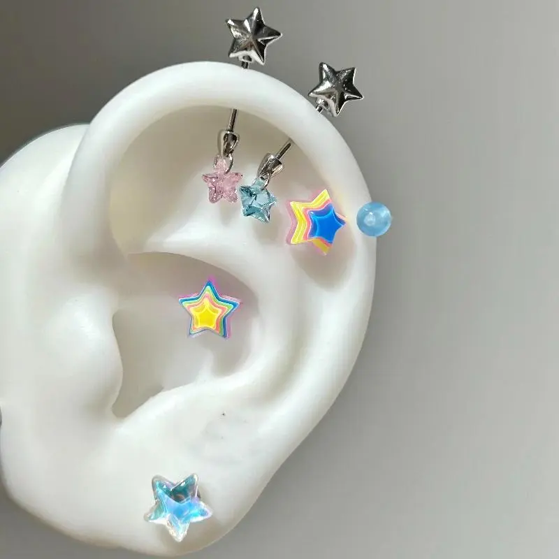 1 Pcs Colorful Star Annular Ear Bone Nail Stainless Steel Cute Love Heart Cross Earrings for Women Body Puncture Accessories