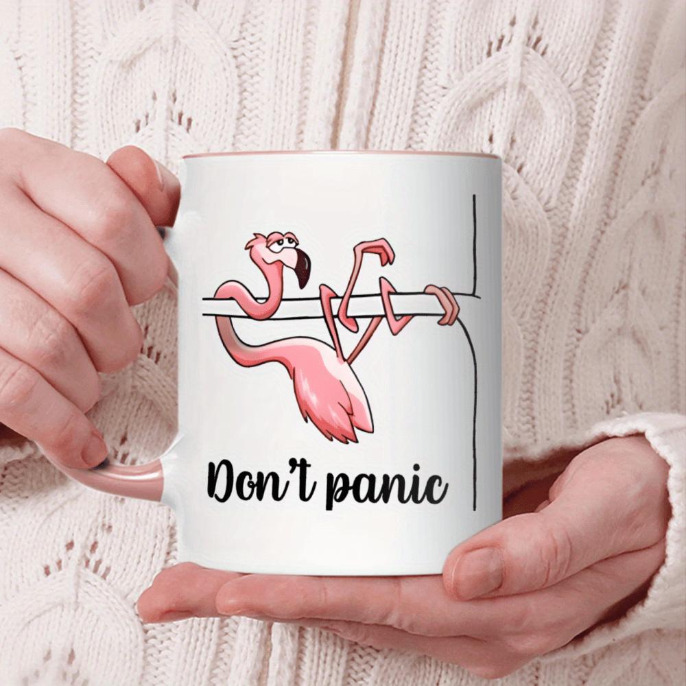1pc, "Don't panic" Pink Flamingo Ceramic Mug Cup - 11oz 3A Personalized Flamingo Pattern Coffee Mug, Tea Cups, Holiday Anniversary Gifts For Family, Friends, Lovers, Boyfriends, Girlfriends, Daughters, Sons, For Home Kitchen Or Office Use
