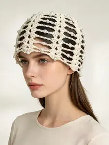 Spring Summer Thin Pearl Embellished Handmade Braided Hollow Beanie Hat, Casual Loose-Fitting Plain Pattern Headwear for Women
