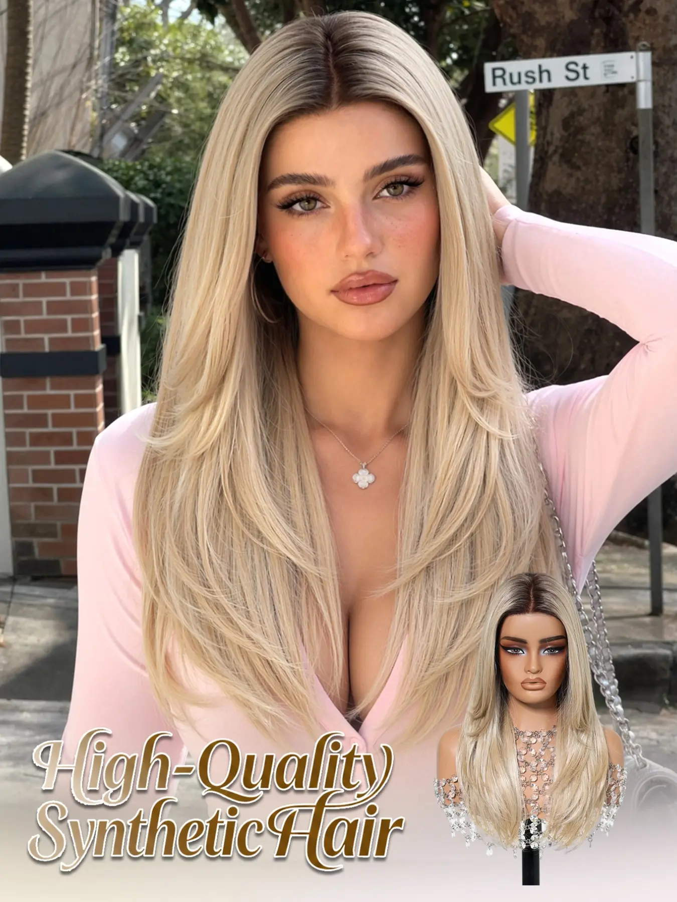 Topshe Long Straight Lace Synthetic Wig, 20 Inches, Gradient Root, Easy to Wear, Perfect for Dating, Photos, Live Streaming, Travel, Events