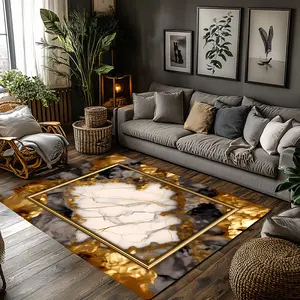 Gold Ink Wash Marble Border Crystal Velvet Luxury Area Rug #InkMarbleBorderRug #GoldToneFloorMat #FluidArtCarpet #CrystalVelvetHomeDecor