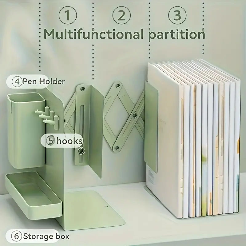 1 Set of Sturdy And Durable Multi-Functional Extendable Bookstands, with a Pen Holder, Storage Box And Hooks, Foldable Desktop Storage Rack to Save Space, Thickened Partition Metal Book Storage Rack