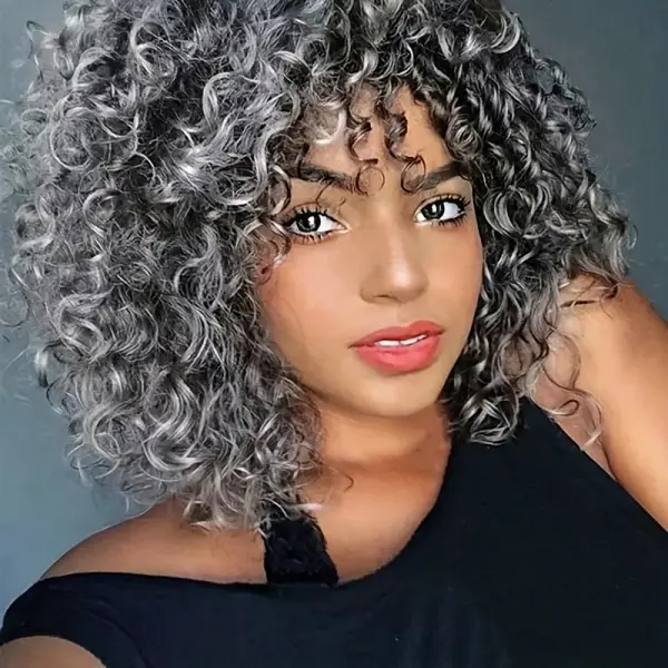 14" Gray Ombre Small Bouncy Fluffy Curly Wig with Bangs For Women Synthetic Heat-Resistant Ideal for Daily Wear And Beginner-Friendly