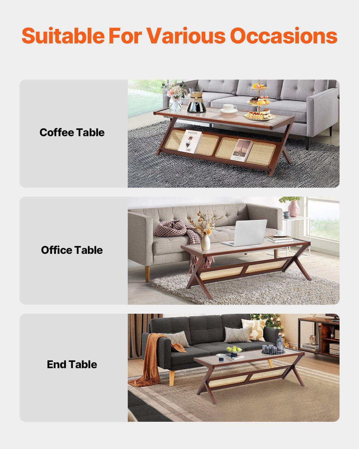 VEVOR Rattan Coffee Table, Z-Shaped Rattan Woven Bamboo Coffee Table with Tempered Glass Top, 47" Modern Boho Storage Coffee Table with Natural Bamboo Legs, for Living Room, Bedroom & Small Spaces