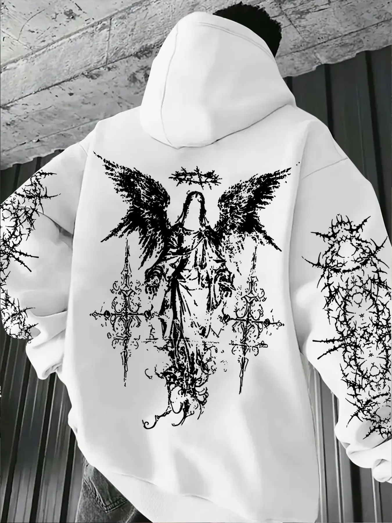 Y2K Emo Alt Dark Angel Graphic Hoodie, Fashion Hoodies, Unisex Vintage Tattoo Sketch Streetwear Thorn Vine Sleeve Gothic Cross Distressed Grunge Print Lightweight Breathable Hooded Top Versatile Street Snap Date Festival All Season